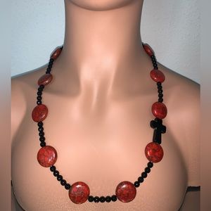 OOAK Black Jet, Red Jasper and Glass Asymmetrical  Necklace.